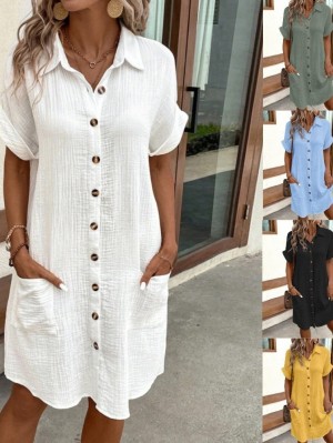 Simple V-neck button-down cotton-linen shirt dress for women