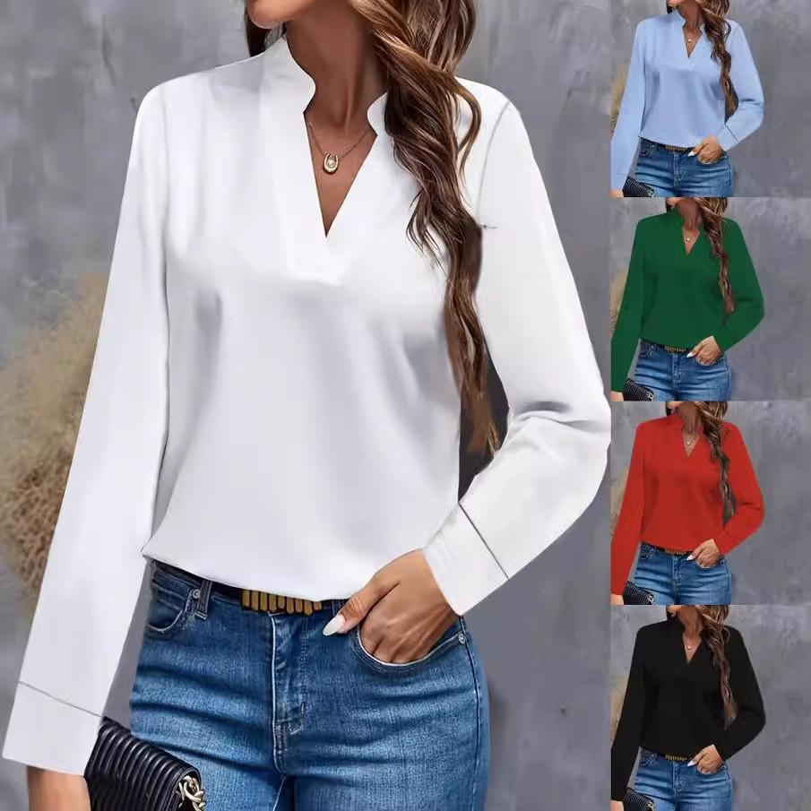 Simple casual solid V-neck loose-fit blouse / shirt top