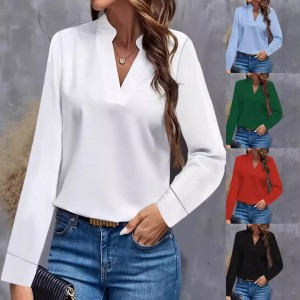 Simple casual solid V-neck loose-fit blouse / shirt top