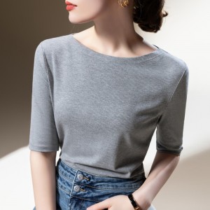Solid ribbed-knit short-sleeve T-shirt, chic off-shoulder style with stretch and waist-hugging fit
