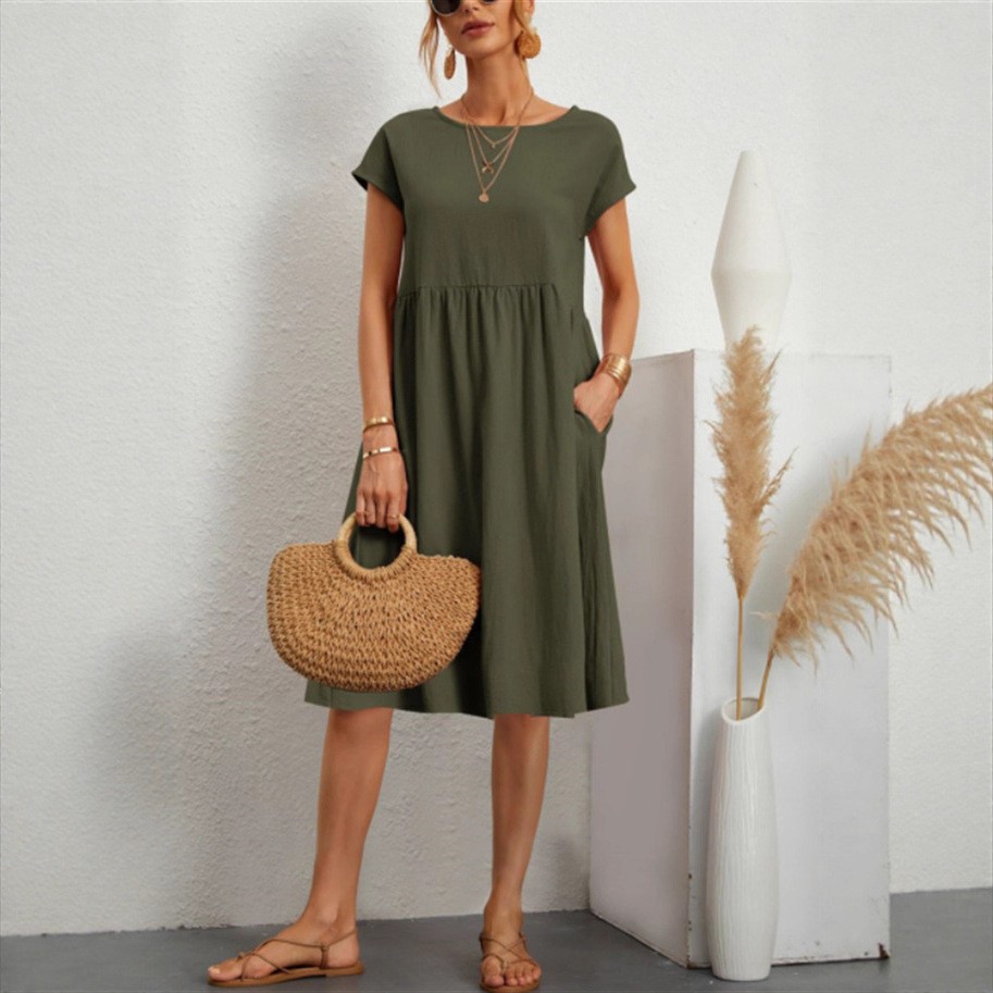 Chic women's cotton crewneck A-line dress